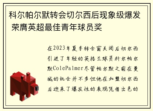 科尔帕尔默转会切尔西后现象级爆发 荣膺英超最佳青年球员奖