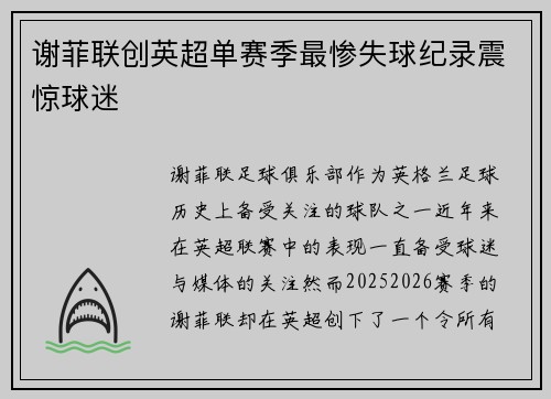 谢菲联创英超单赛季最惨失球纪录震惊球迷 谢菲联创英超单赛季最惨失球纪录震惊球迷