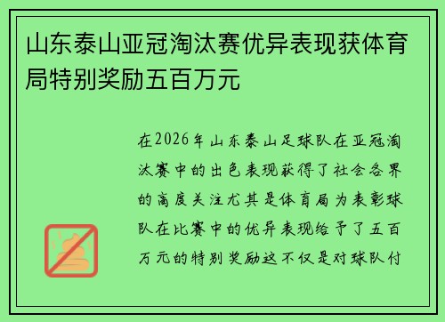 山东泰山亚冠淘汰赛优异表现获体育局特别奖励五百万元