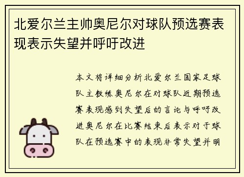 北爱尔兰主帅奥尼尔对球队预选赛表现表示失望并呼吁改进